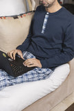 Pigiama serafino e pantalone flanella tartan azzurro