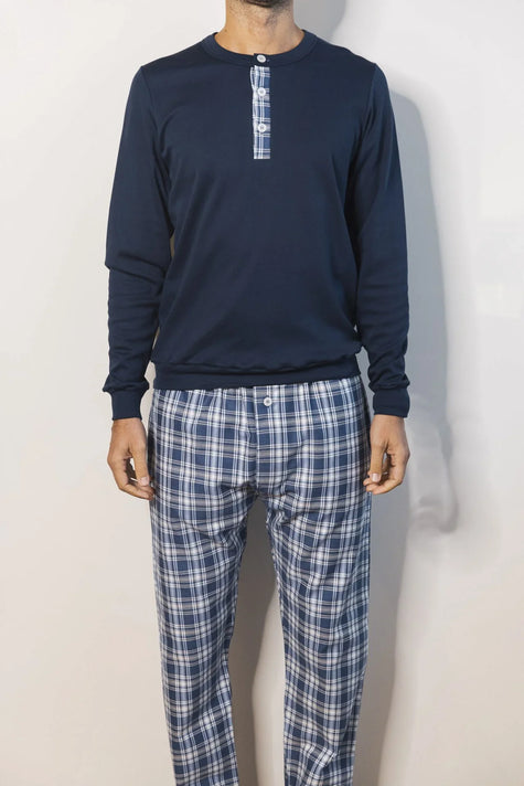 Pigiama serafino e pantalone flanella tartan azzurro - foto 2