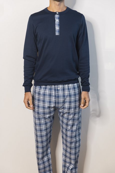 Pigiama serafino e pantalone flanella tartan azzurro